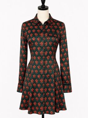 Scotch & Soda Maison Scotch XS Green Orange Print Shirt Dress Long Sleeve